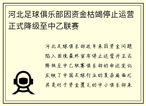 河北足球俱乐部因资金枯竭停止运营正式降级至中乙联赛