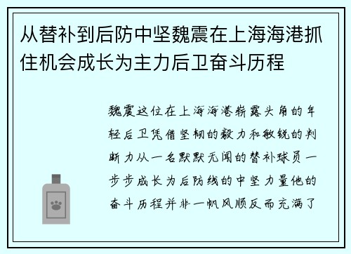 从替补到后防中坚魏震在上海海港抓住机会成长为主力后卫奋斗历程